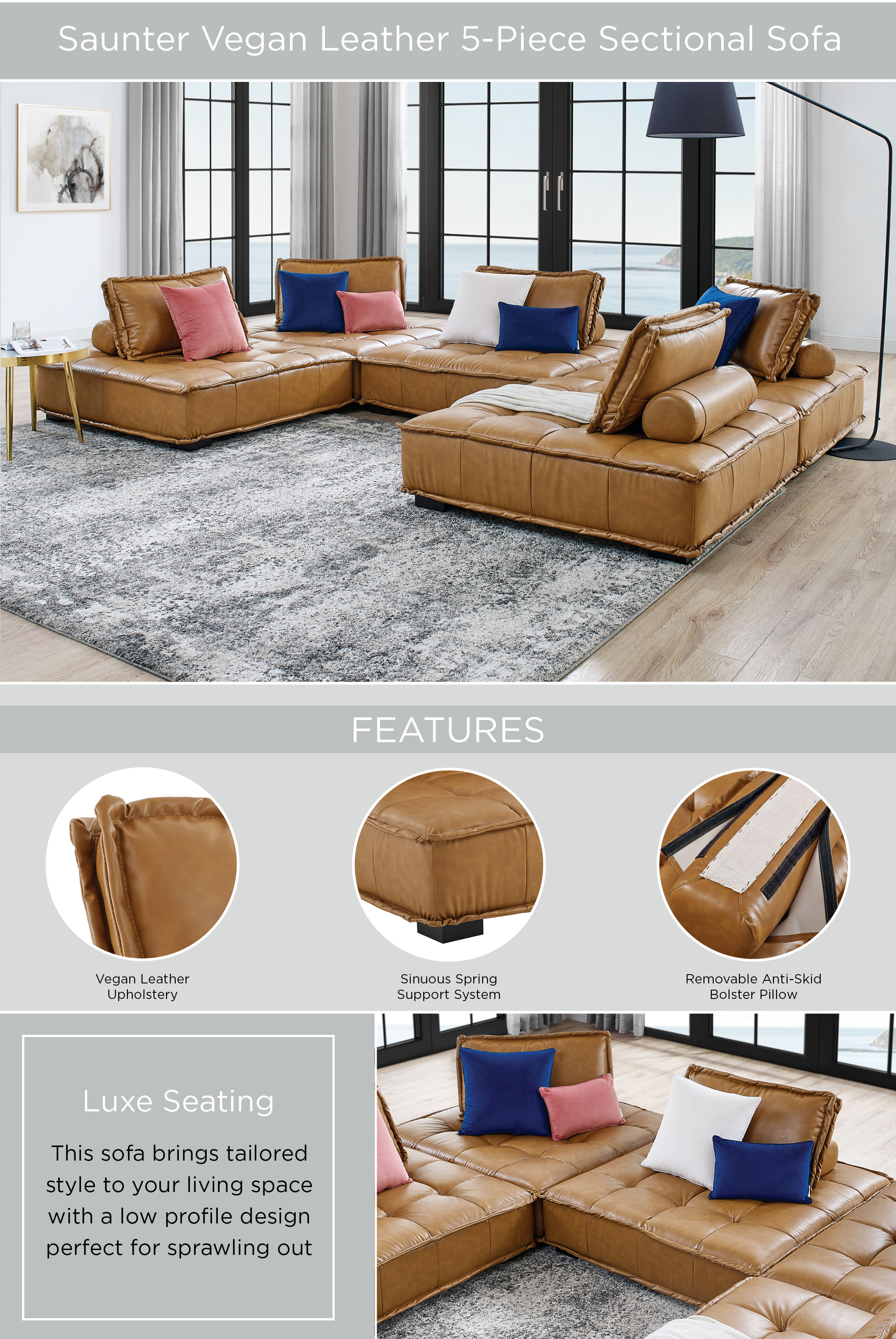 Saunter Tufted Vegan Leather Vegan Leather 5-Piece Sectional Sofa — Lexmod
